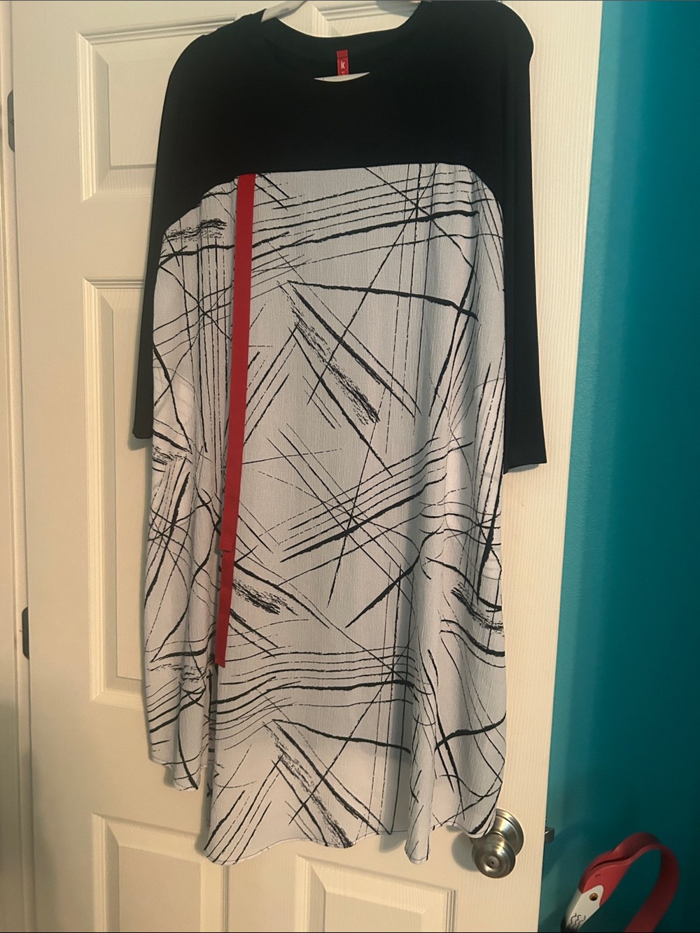 Black & White Abstract Midi Dress with Red Accent